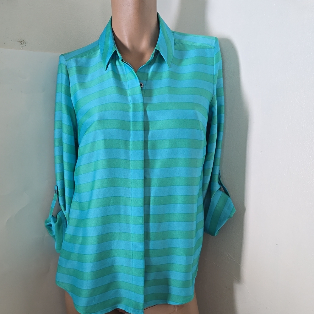 NWT Womens Ann Taylor Teal Striped Button Down Blouse Size 2 Petite Extra Small